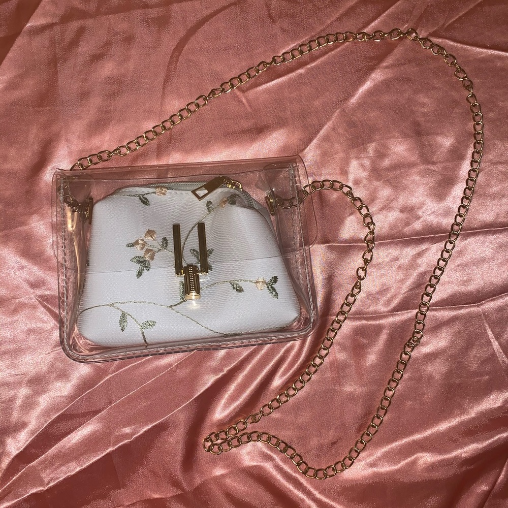 small, clear crossbody w/ floral sewn lace bag